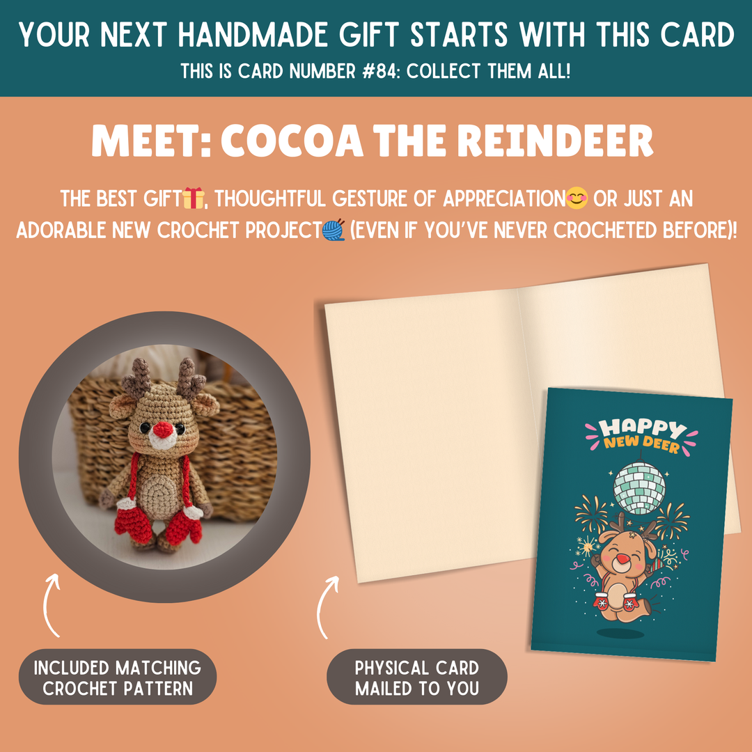 Cocoa The Reindeer Crochet Pattern & Matching Card: "Happy New Deer"