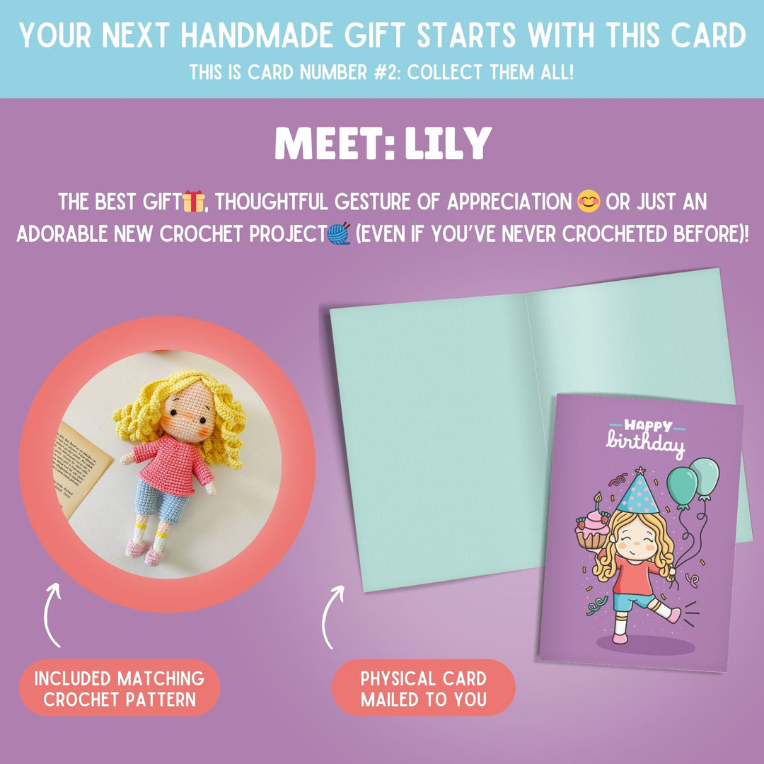 Lily Doll Crochet Pattern & Matching Card: "Happy Birthday"