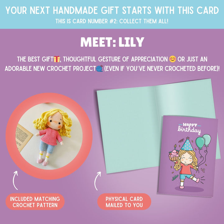 Lily Doll Crochet Pattern & Matching Card: "Happy Birthday"