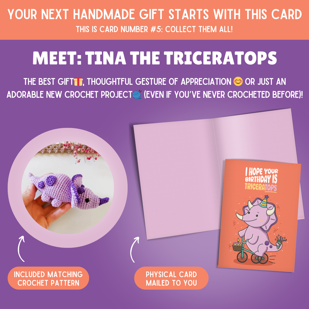 Triceratops Crochet Pattern & Matching Card: "Birthday"