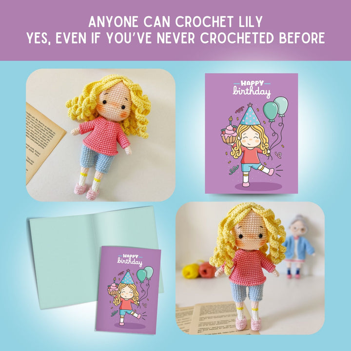 Lily Doll Crochet Pattern & Matching Card: "Happy Birthday"