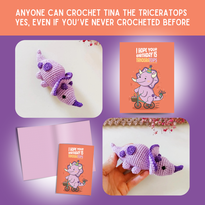 Triceratops Crochet Pattern & Matching Card: "Birthday"