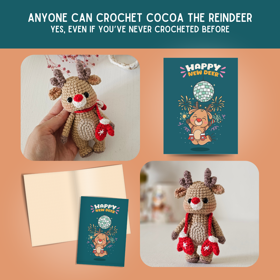 Cocoa The Reindeer Crochet Pattern & Matching Card: "Happy New Deer"