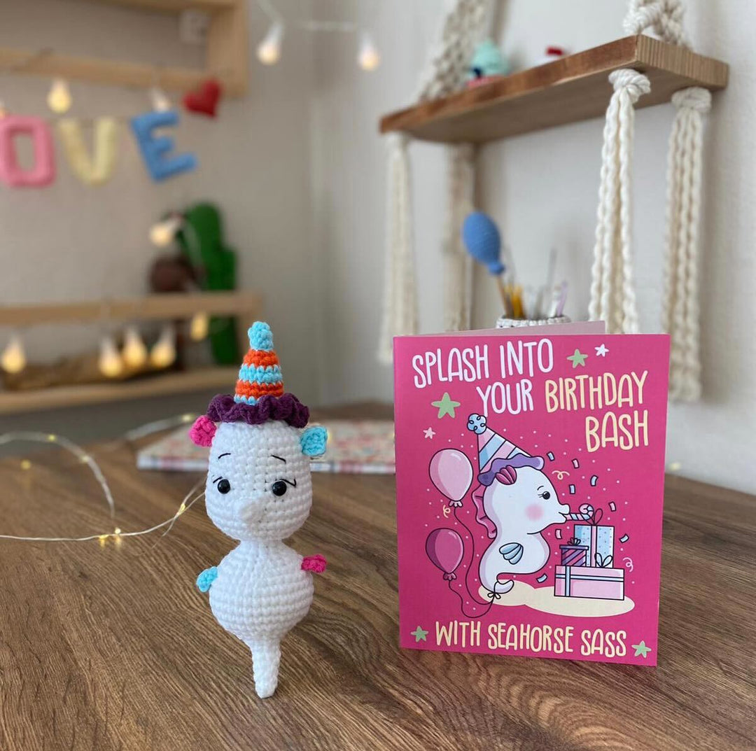 Seahorse Crochet Pattern & Matching Card: "Birthday Bash"