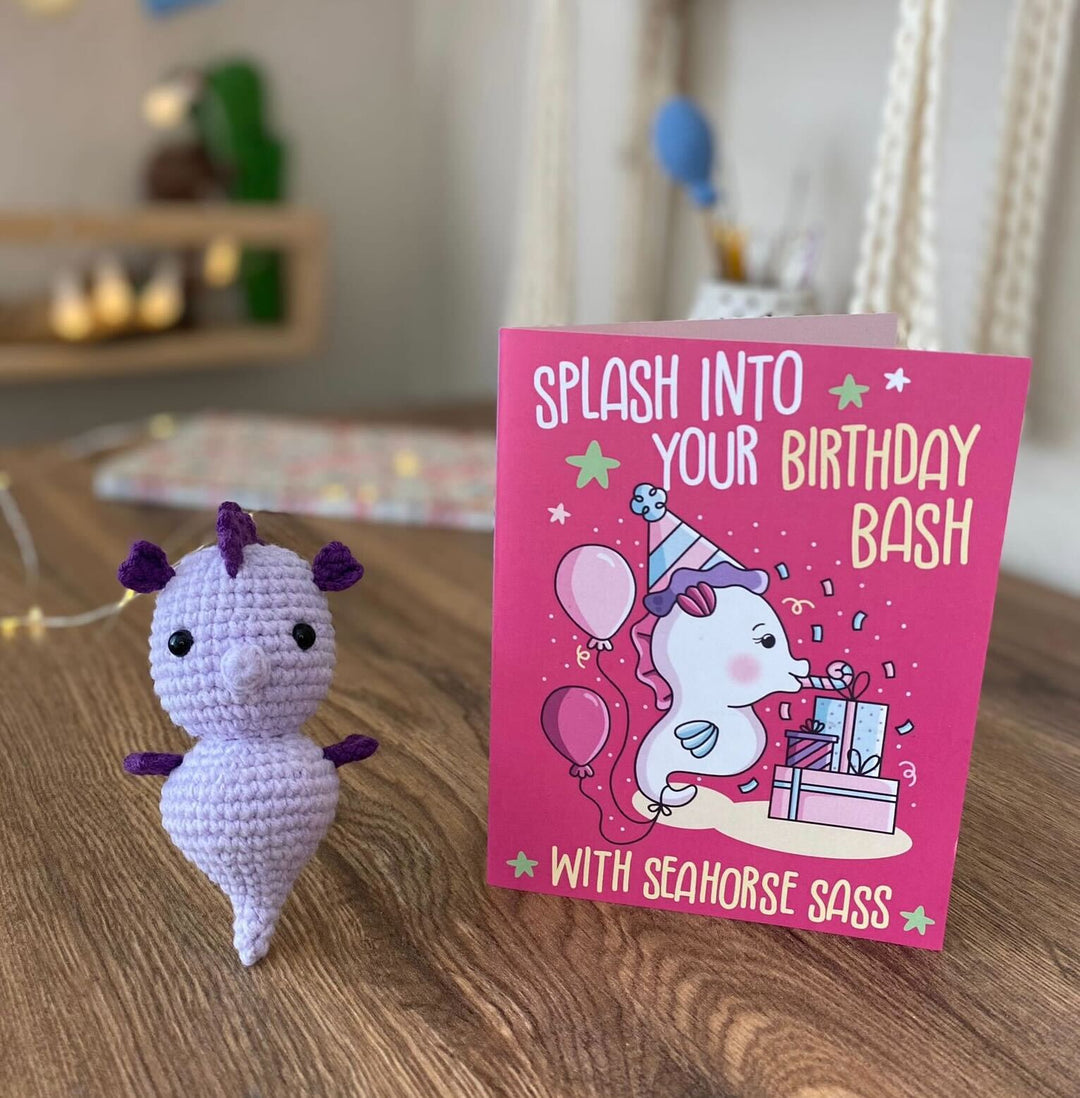 Seahorse Crochet Pattern & Matching Card: "Birthday Bash"