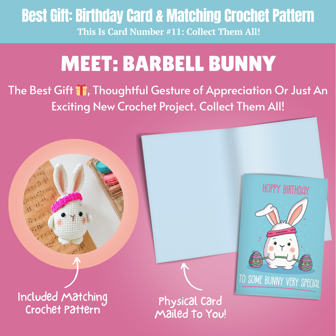 Patrick The Sheep, Barbell Bun Bun, Sassy The Seahorse & Daphne The Donut Crochet Pattern & Matching Greeting Cards Bundle