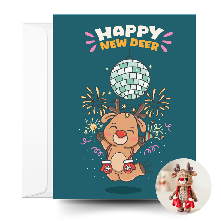 Cocoa The Reindeer Crochet Pattern & Matching Card: "Happy New Deer"