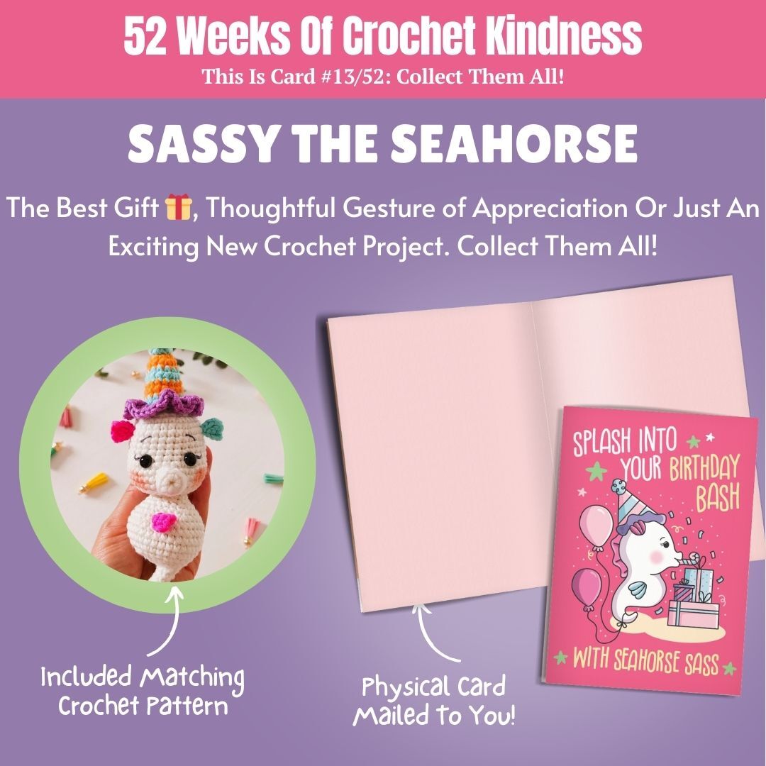 Seahorse Crochet Pattern & Matching Card: "Birthday Bash"