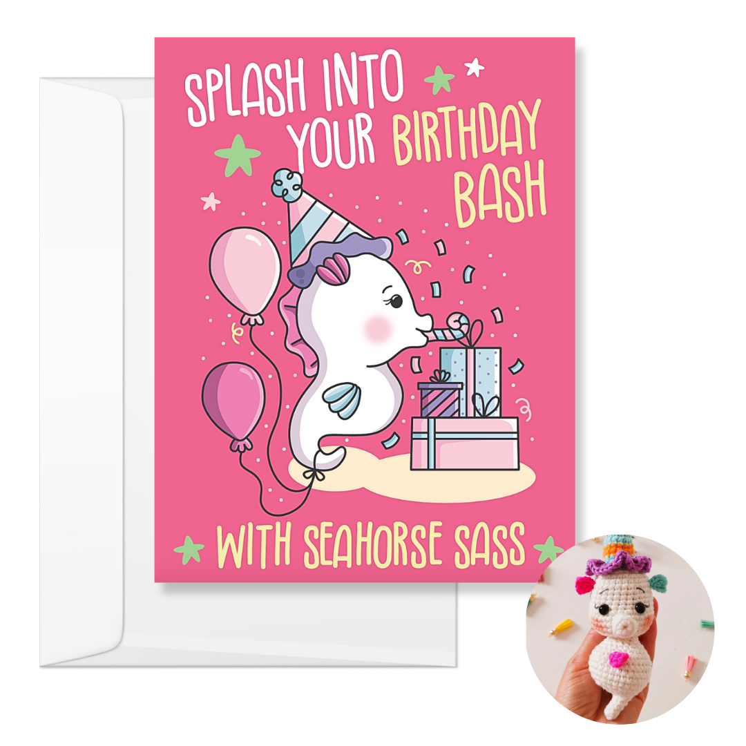 Seahorse Crochet Pattern & Matching Card: "Birthday Bash"