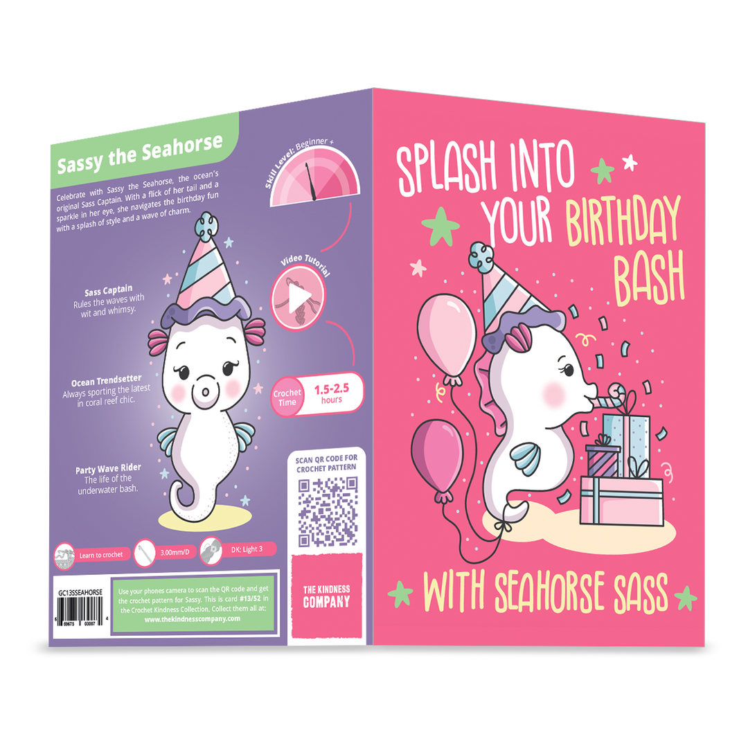 Seahorse Crochet Pattern & Matching Card: "Birthday Bash"