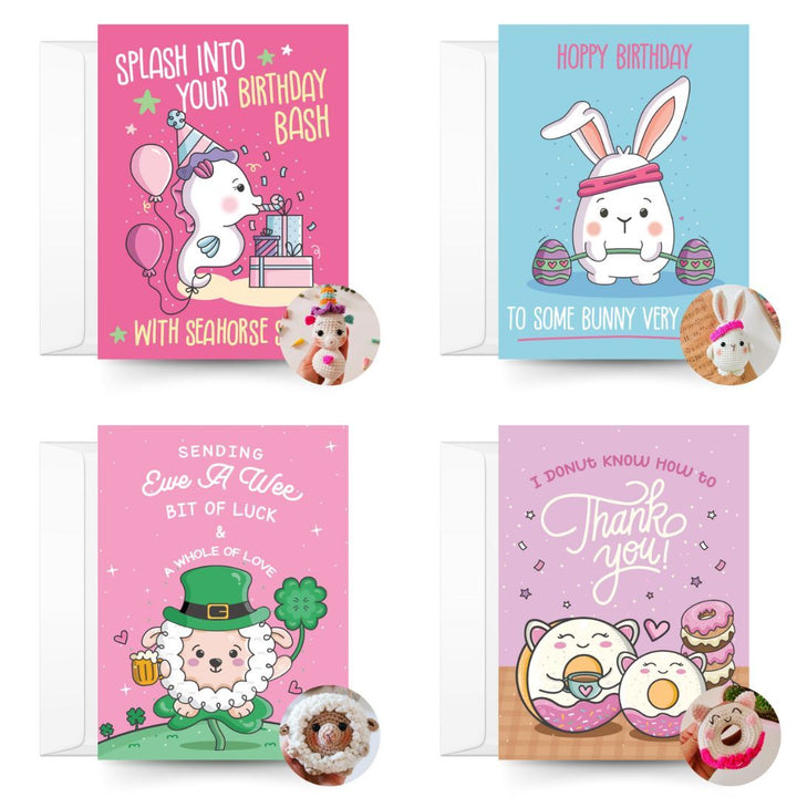 Patrick The Sheep, Barbell Bun Bun, Sassy The Seahorse & Daphne The Donut Crochet Pattern & Matching Greeting Cards Bundle