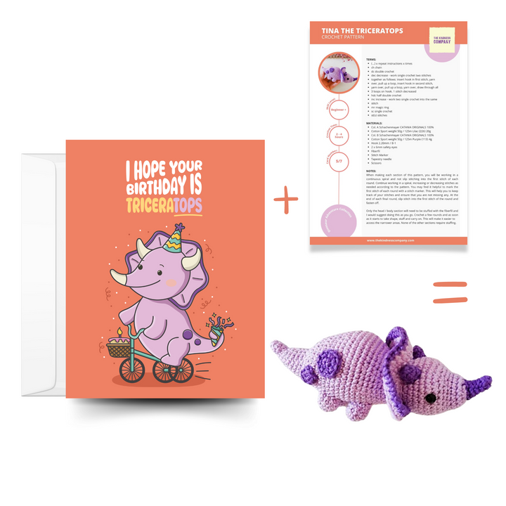 Triceratops Crochet Pattern & Matching Card: "Birthday"