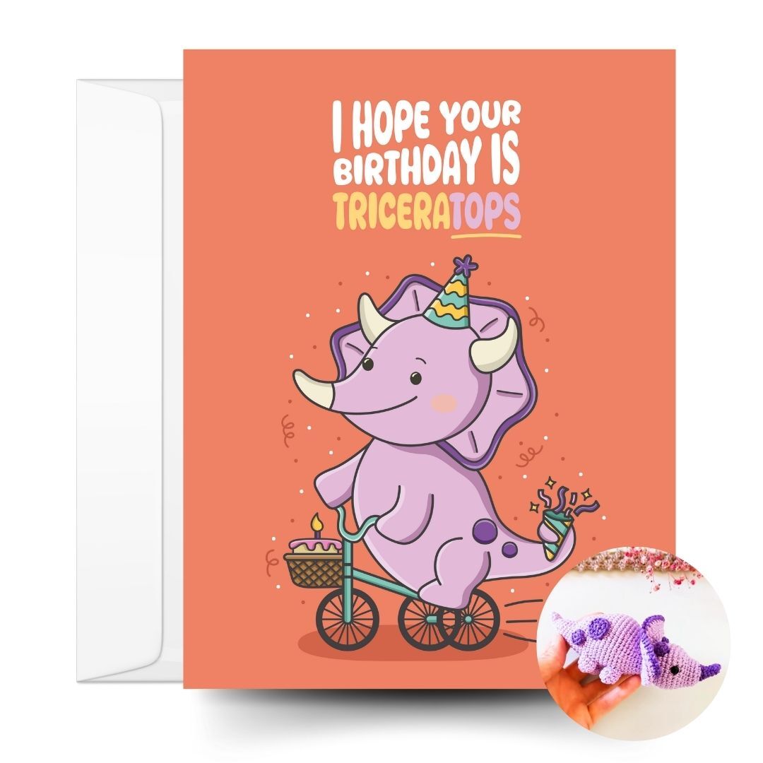 Triceratops Crochet Pattern & Matching Card: "Birthday"