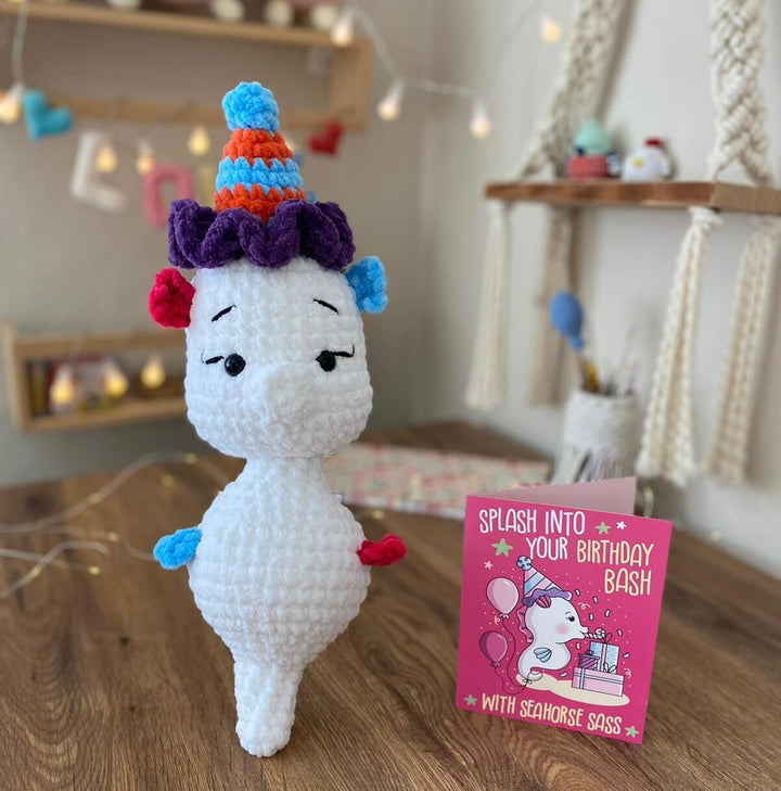 Seahorse Crochet Pattern & Matching Card: "Birthday Bash"