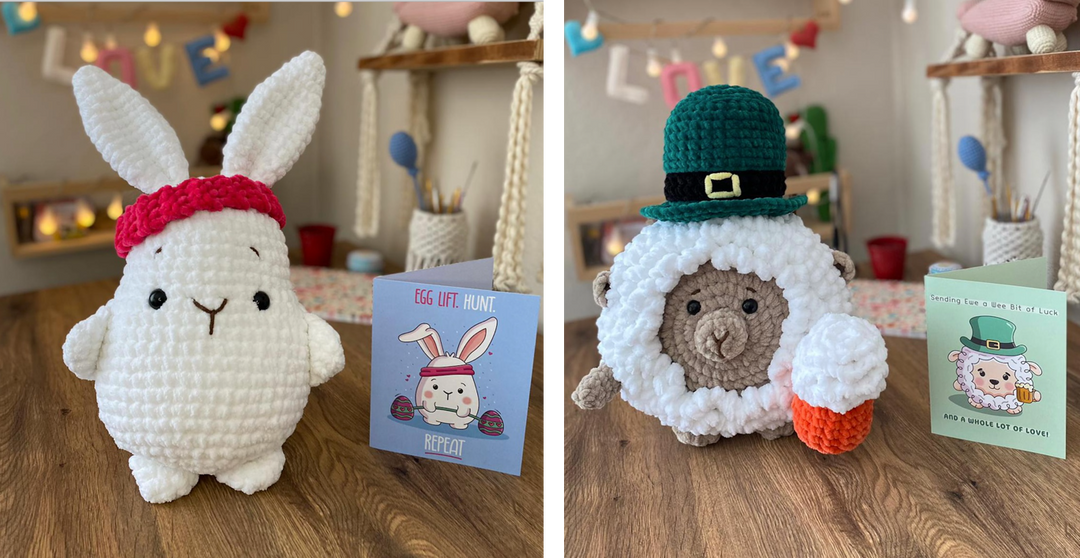 Patrick The Sheep, Barbell Bun Bun, Sassy The Seahorse & Daphne The Donut Crochet Pattern & Matching Greeting Cards Bundle